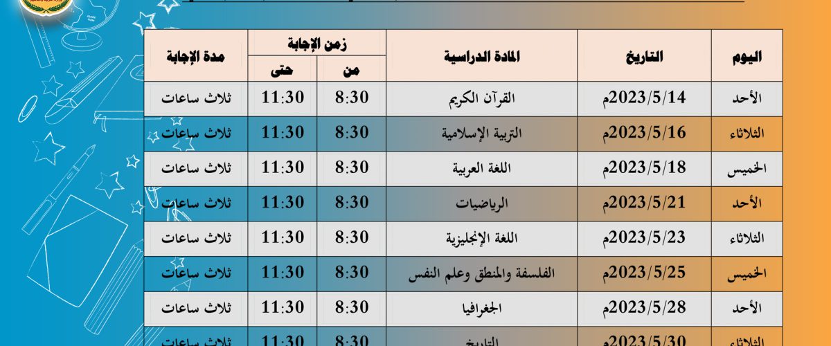 جدول سير تنفيذ الاختبارات النهائية لشهادة الثانوية العامة للعام الدراسي (2022 -2023)م - القسم الادبي