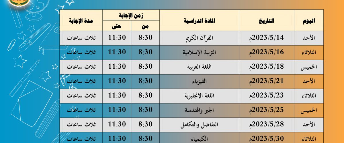 جدول سير تنفيذ الاختبارات النهائية لشهادة الثانوية العامة للعام الدراسي (2022 -2023)م - القسم العلمي